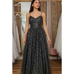 Black Silver Aline Sleeveless Star Dress Floor Length size 14